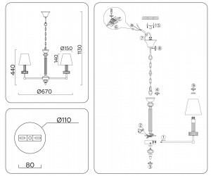LH71001/5 BN/WH никель/белый E14*5 max 40W D670*1130