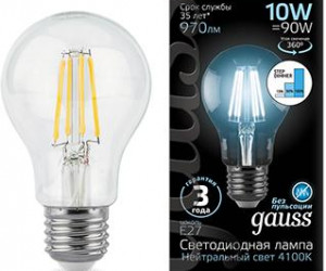 Лампа Gauss LED Filament A60 E27 10W 970lm 4100К step dimmable 1/10/40