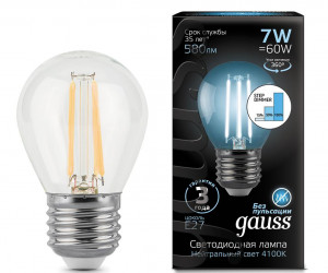 Лампа Gauss LED Filament Шар E27 7W 580lm 4100K step dimmable 1/10/50