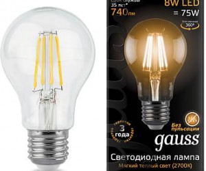 Лампа Gauss LED Filament A60 E27 8W 2700К 1/10/40