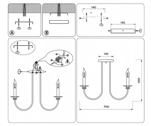 TR9622/8 BK/CGD черный/золото E14/8 max 40W D700*450