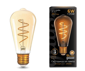 Лампа Gauss LED Filament ST64 Flexible E27 6W Golden 360lm 2400К 1/10/40