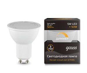 Лампа Gauss LED MR16 GU10-dim 5W 3000K  диммируемая 1/10/100