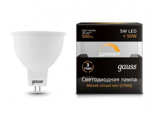 Лампа Gauss LED MR16 GU5.3-dim 5W 3000K  диммируемая 1/10/100