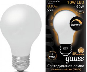 Лампа Gauss LED Filament A60 OPAL dimmable E27 10W 2700К 1/10/40