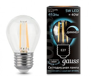 Лампа Gauss LED Filament Globe dimmable E27 5W 4100K 1/10/50