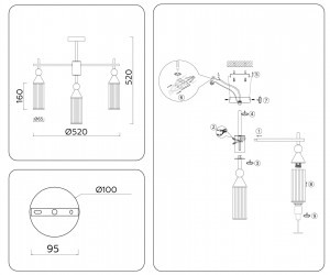 LH55256/5 BK/BS/CL черный/латунь/прозрачный E14*5 max 40W D520*520