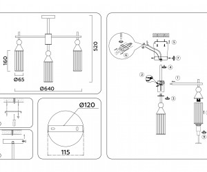 LH55257/7 BK/BS/CL черный/латунь/прозрачный E14*7 max 40W D640*520