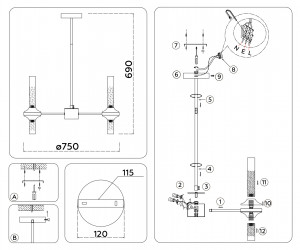 LH55353/14 BK/CGD/CL черный/золото/прозрачный G9/14 max 30W D750*690