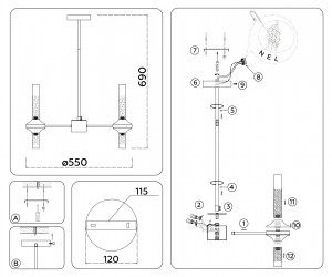 LH55358/10 BS/CL латунь/прозрачный G9/10 max 30W D550*690