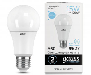 Лампа Gauss LED Elementary A60 15W E27 6500K 1/10/50
