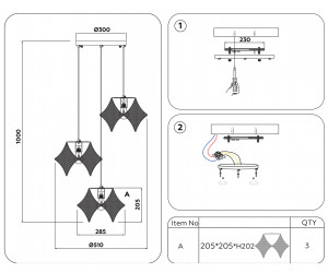 TR8427/3 BK/GD черный/золото E14/3 max 40W D510*1000