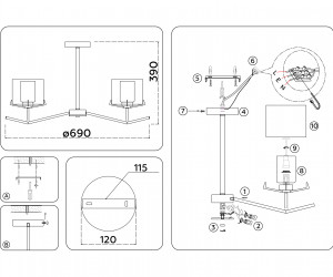 LH57007/5 BS/FR латунь/белый матовый E14/5 max 40W D690*390
