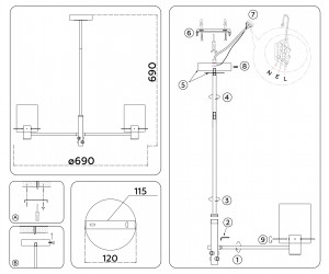 LH57031/6 BS/SM латунь/дымчатый E14/6 max 40W D690*690