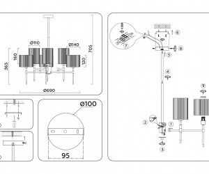 LH72381/6 BS/GR латунь/серый E14*6 max 40W D690*705