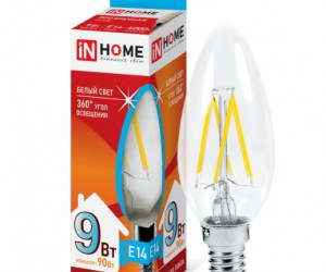 Лампа светодиодная LED-СВЕЧА-deco 9Вт 230В Е14 4000К 810Лм прозрачная IN HOME