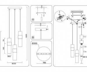LH55112/3 BS/FR/TI латунь/белый матовый/янтарь E14*3 max 40W D220*1200