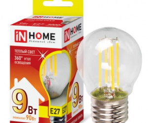 Лампа светодиодная LED-ШАР-deco 9Вт 230В Е27 3000К 810Лм прозрачная IN HOME