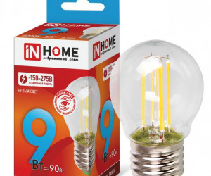 Лампа светодиодная LED-ШАР-deco 9Вт 230В Е27 4000К 810Лм прозрачная IN HOME