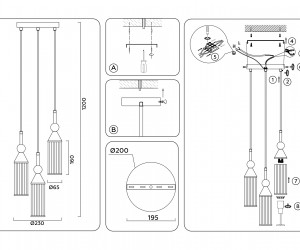 LH55252/3 BK/BS/CL черный/латунь/прозрачный E14*3 max 40W D230*1200