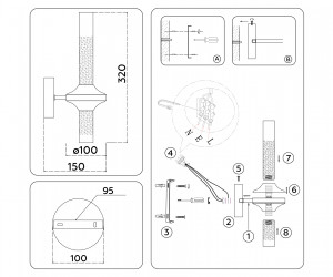 LH55355/2 BK/CGD/CL черный/золото/прозрачный G9/2 max 30W 150*100*320