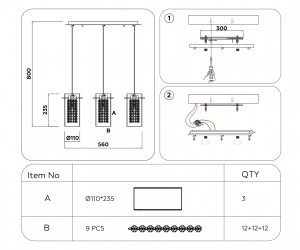 TR3663/3 GD/CL золото/прозрачный E14/3 max 40W 560*110*800