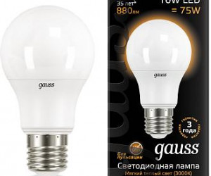 Лампа Gauss LED A60 10W E27 3000K 1/10/50