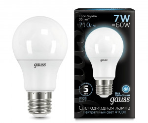 Лампа Gauss LED A60 E27 7W 4100K 1/10/40
