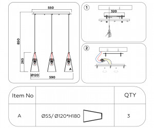 TR3669/3 BS/CL латунь/прозрачный E14/3 max 40W 590*120*850