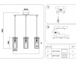 TR3675/3 CH/CL/FR хром/прозрачный/белый матовый E14/3 max 40W 640*110*900
