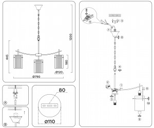 LH56033/7+1 BS/CL латунь/прозрачный E14*8 max 40W D790*1200