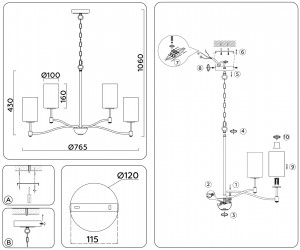 LH56054/6+3 BS/FR латунь/белый матовый E14*9 max 40W D765*1060