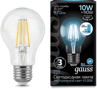 Лампа Gauss LED Filament A60 E27 10W 970lm 4100К step dimmable 1/10/40