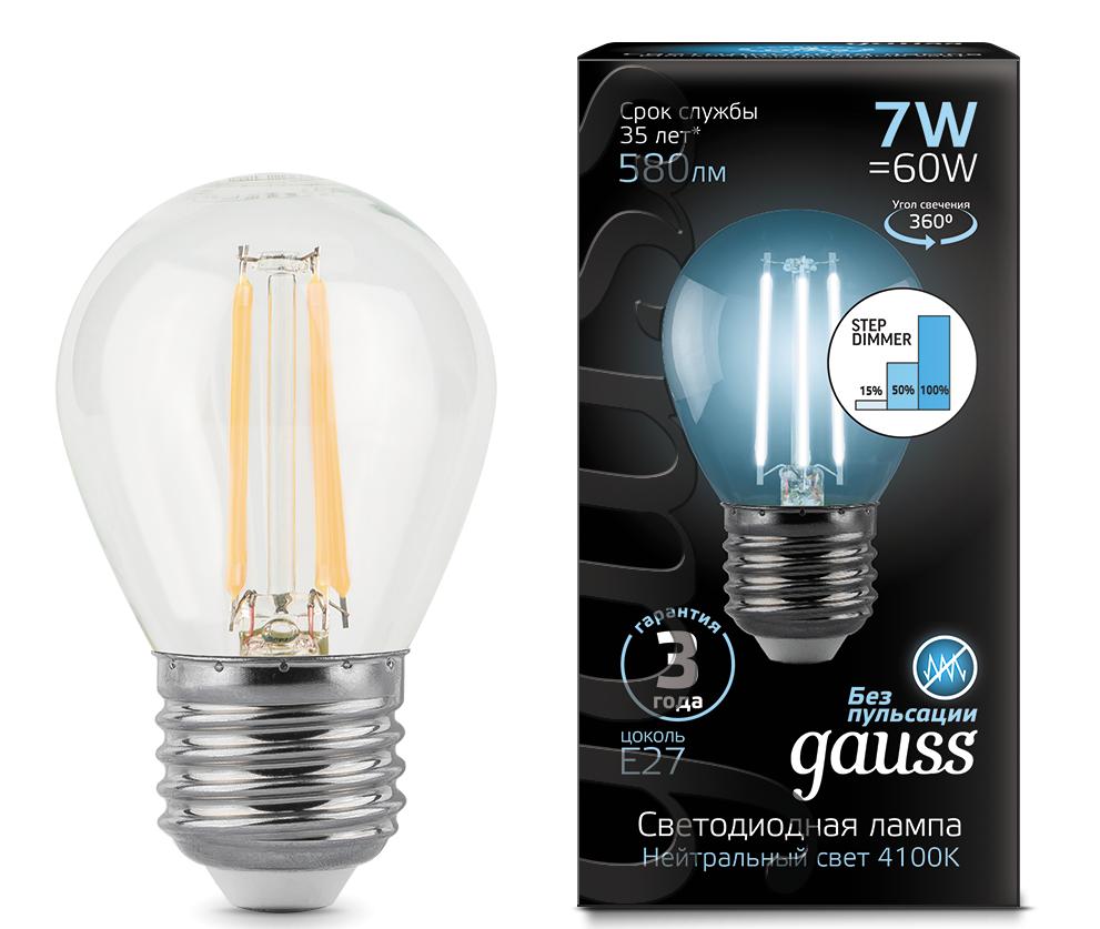 Лампа Gauss LED Filament Шар E27 7W 580lm 4100K step dimmable 1/10/50