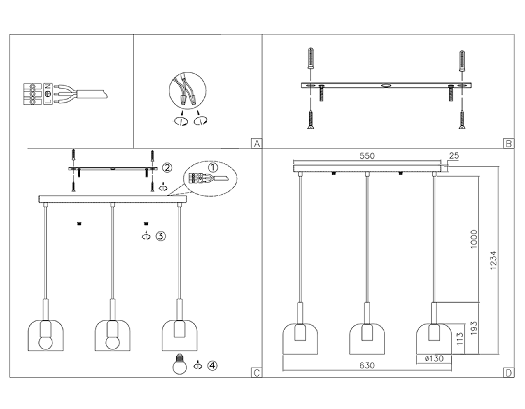 TR97118/3 GD/BK золото/черный E27*3 max 40W D130*113*1200
