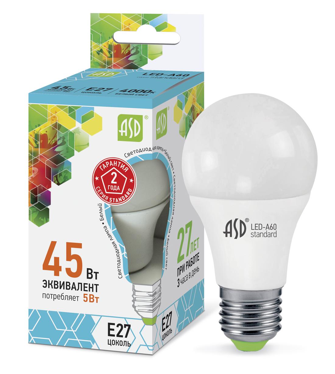 Лампа светодиодная LED-A60-standard 5Вт 160-260В Е27 4000К 400Лм ASD (10/50шт)