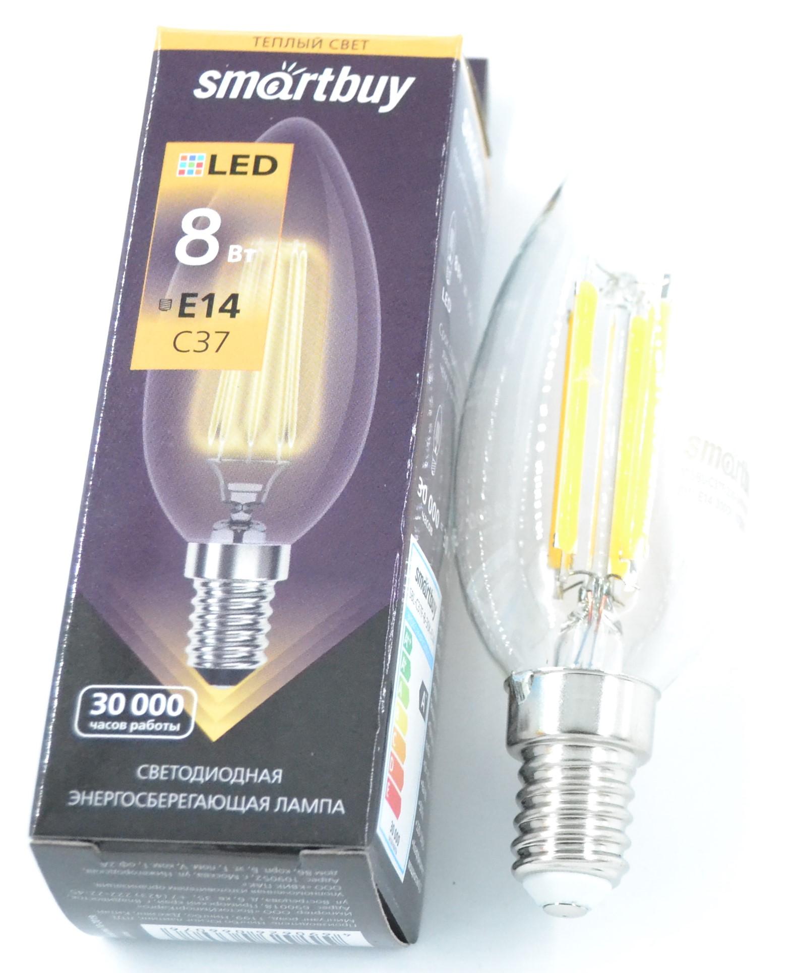 Светодиодная (LED)FIL Лампа Smartbuy-C37-8W/3000/E14 (SBL-C37F-8-30K-E14)