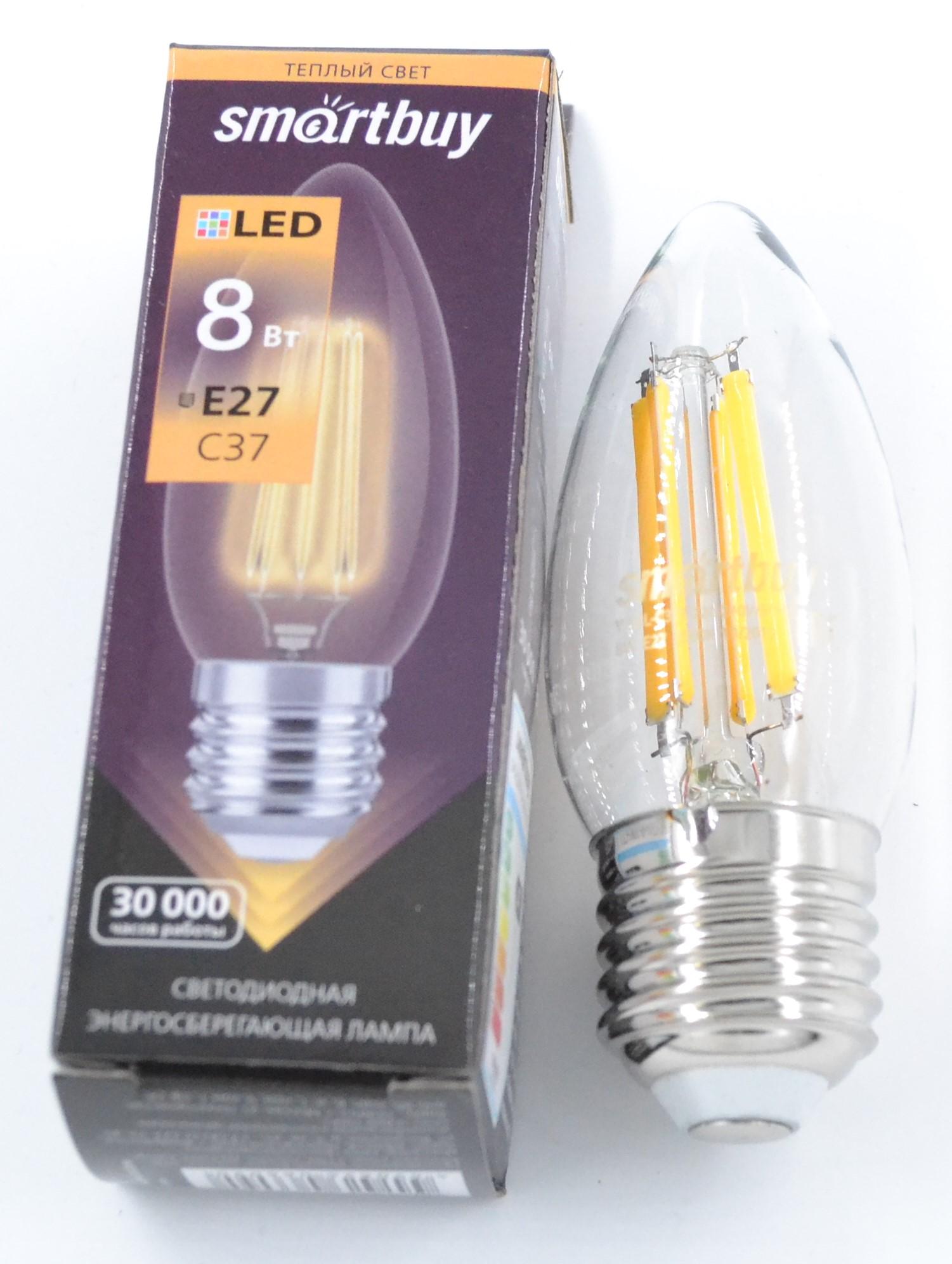 Светодиодная (LED)FIL Лампа Smartbuy-C37-8W/3000/E27 (SBL-C37F-8-30K-E27)