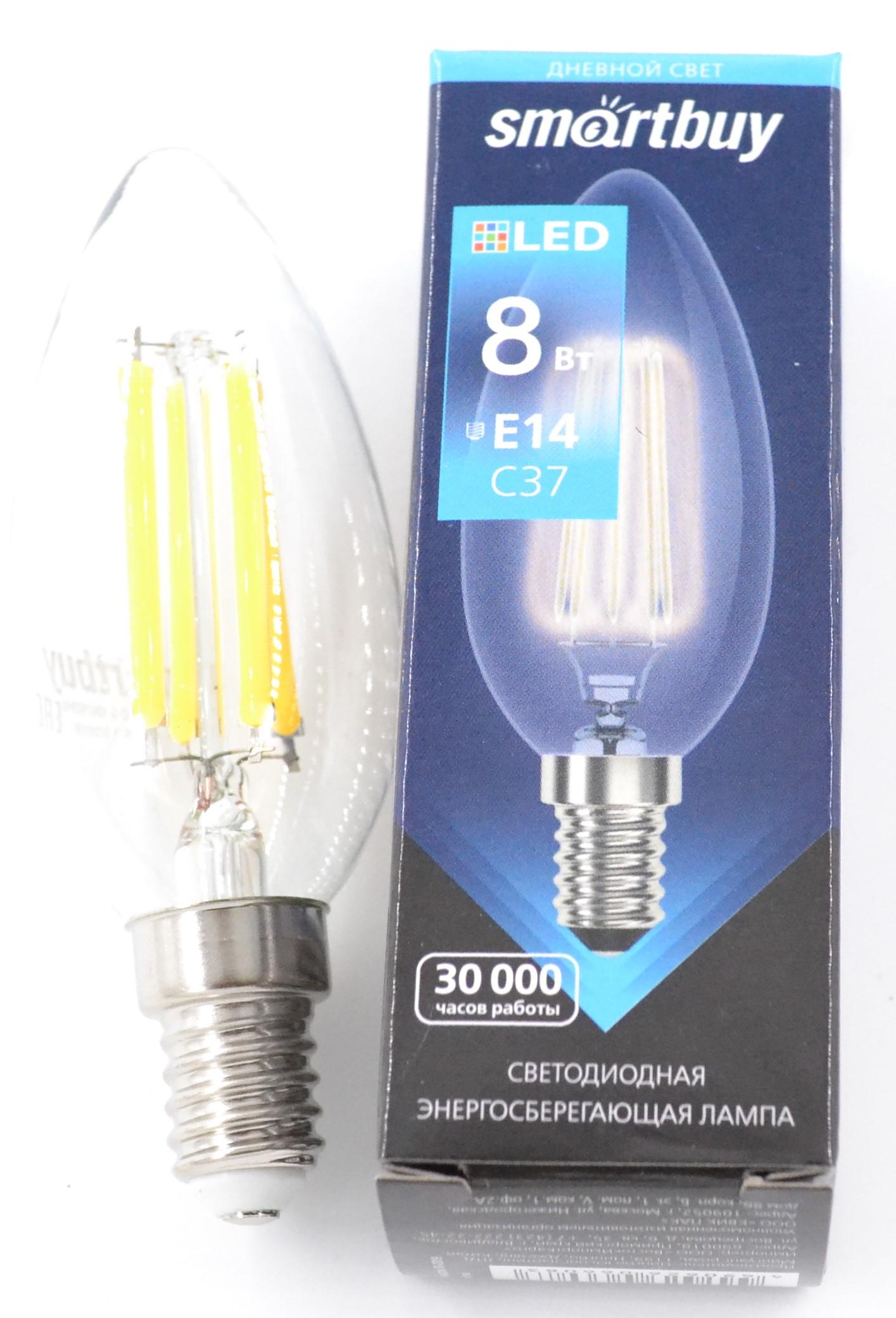 Светодиодная (LED)FIL Лампа Smartbuy-C37-8W/4000/E14 (SBL-C37F-8-40K-E14)