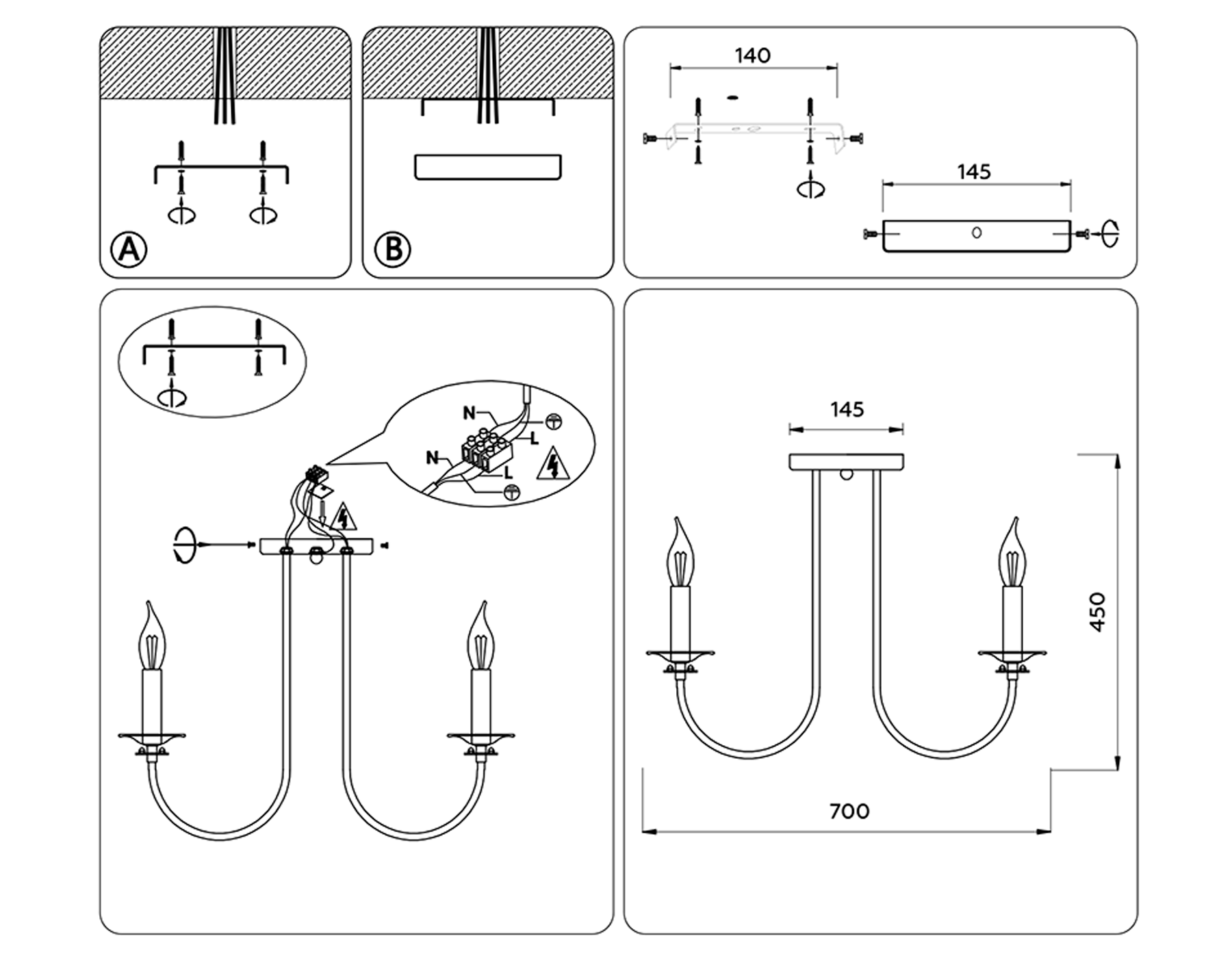 TR9622/8 BK/CGD черный/золото E14/8 max 40W D700*450