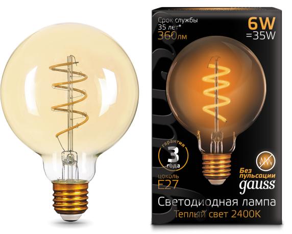 Лампа Gauss LED Filament G95 Flexible E27 6W Golden 360lm 2400К 1/20