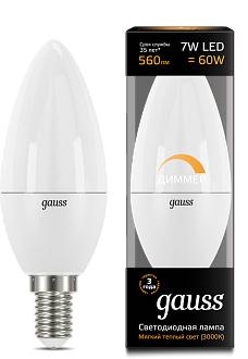 Лампа Gauss LED Candle-dim E14 7W 3000К диммируемая 1/10/100