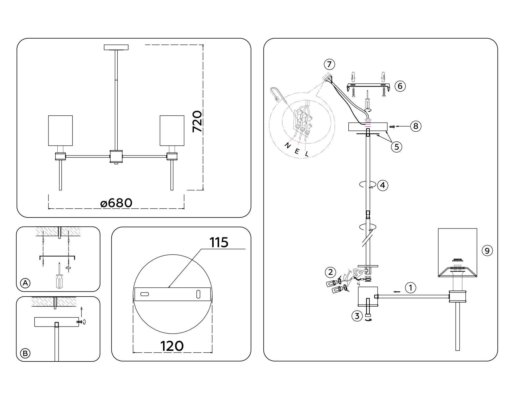 LH72371/5 DBS/WH темная латунь/белый E14/5 max 40W D680*720
