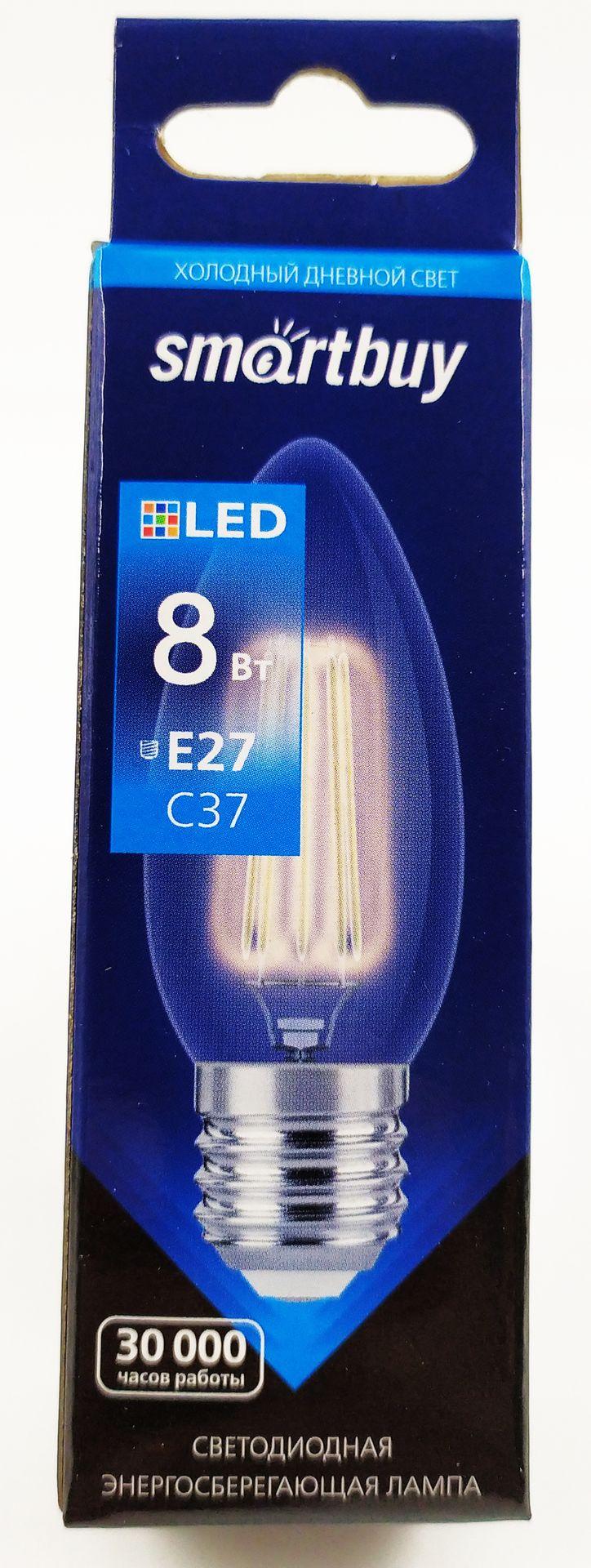 Светодиодная (LED)FIL Лампа Smartbuy-C37-8W/6000/E27 (SBL-C37F-8-60K-E27)