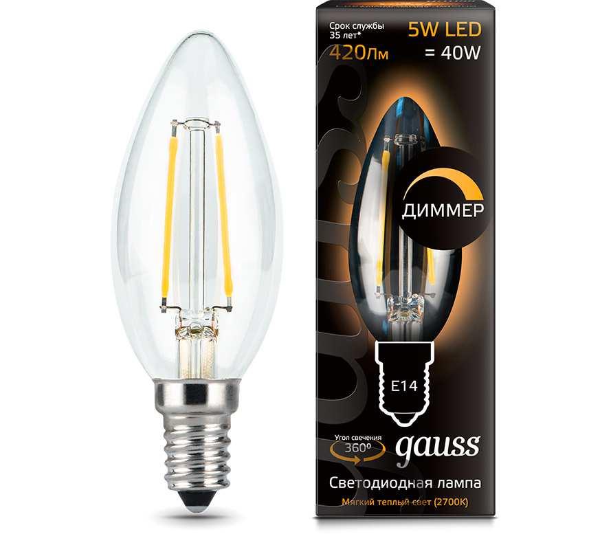 Лампа Gauss LED Filament Candle dimmable E14 5W 2700К 1/10/50