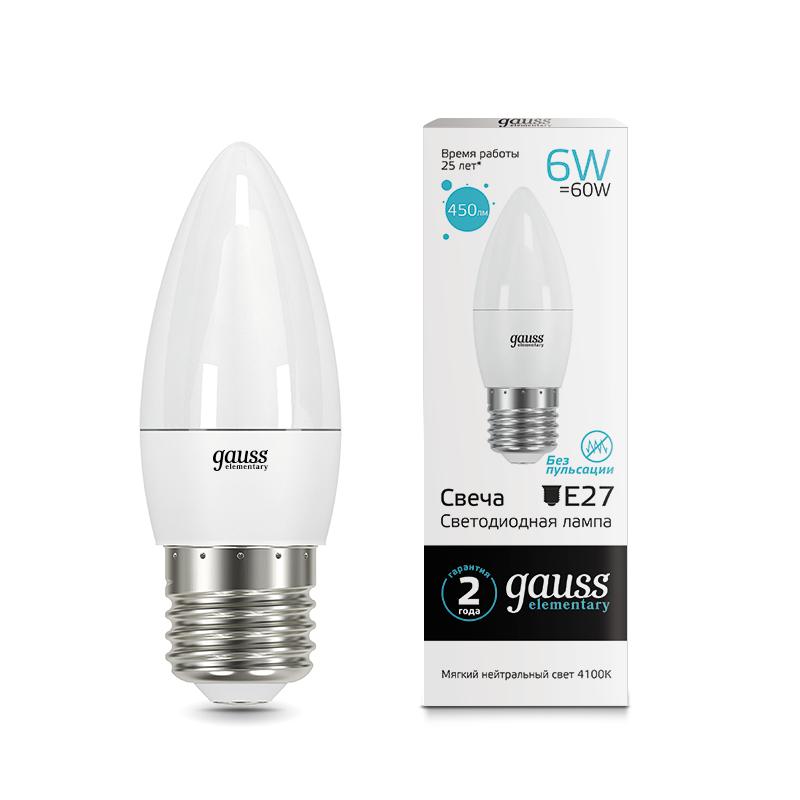 Лампа Gauss LED Elementary Candle 6W E27 4100K 1/10/50