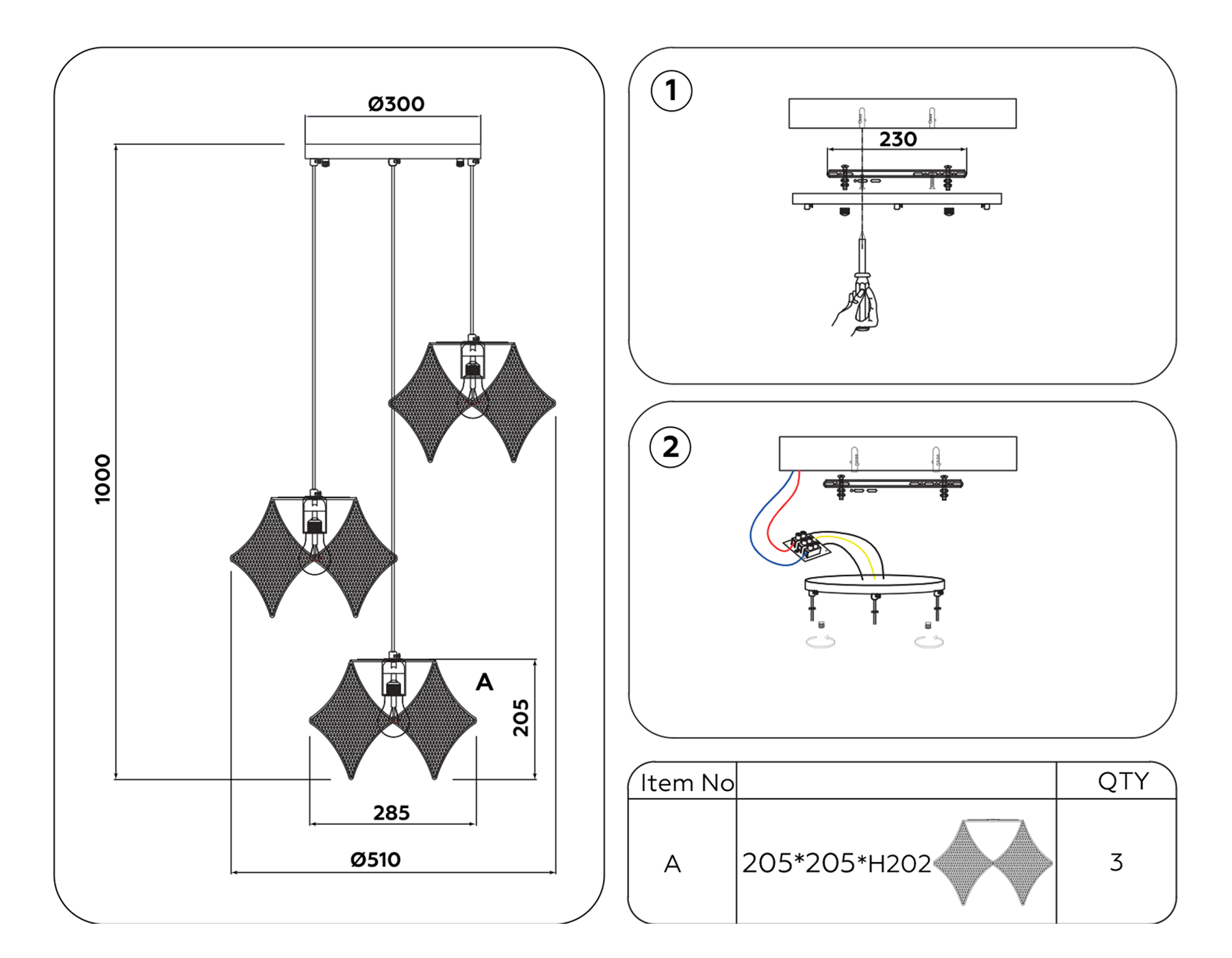 TR8427/3 BK/GD черный/золото E14/3 max 40W D510*1000