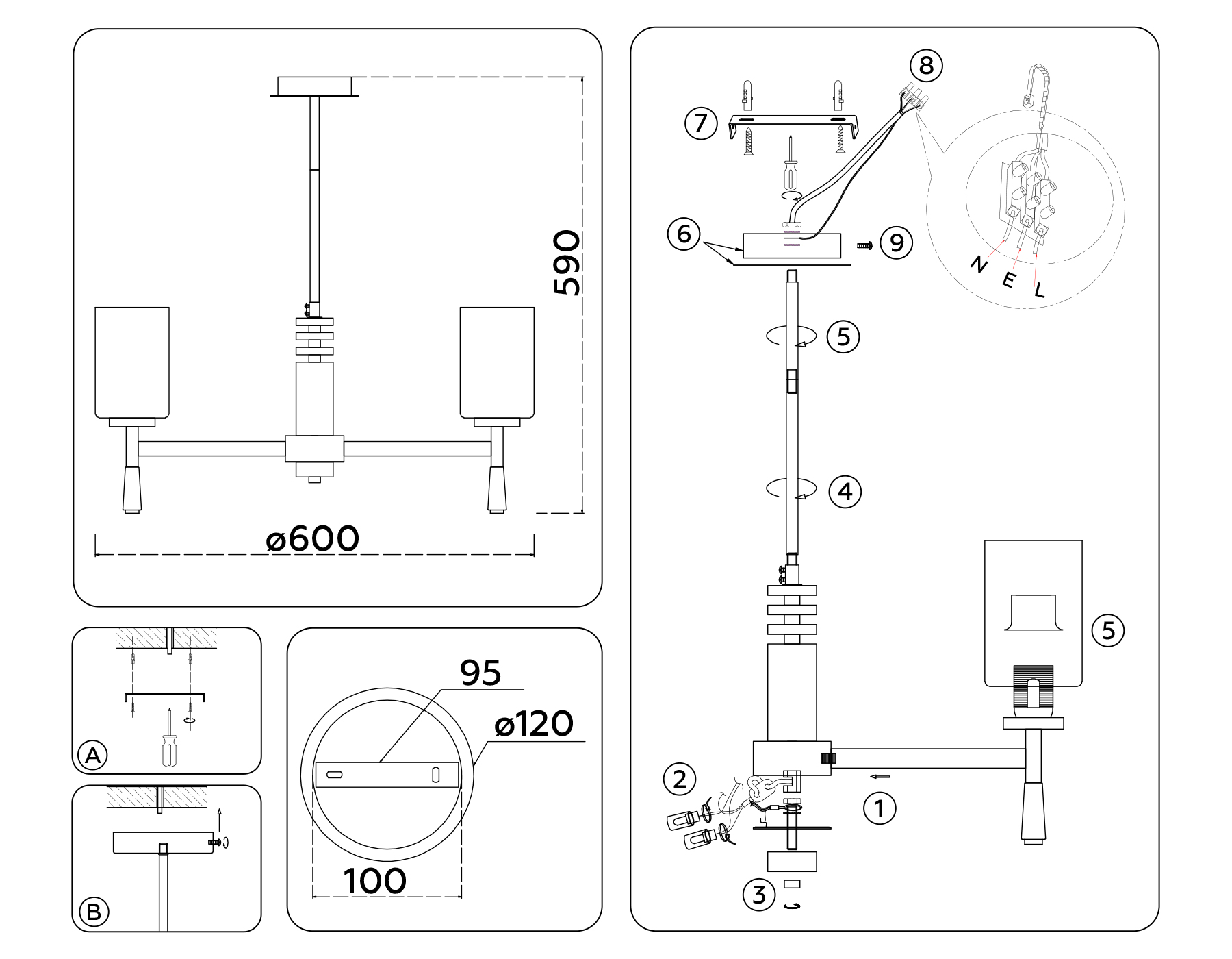 LH56261/5 BS/FR латунь/белый матовый E27/5 max 60W D600*590