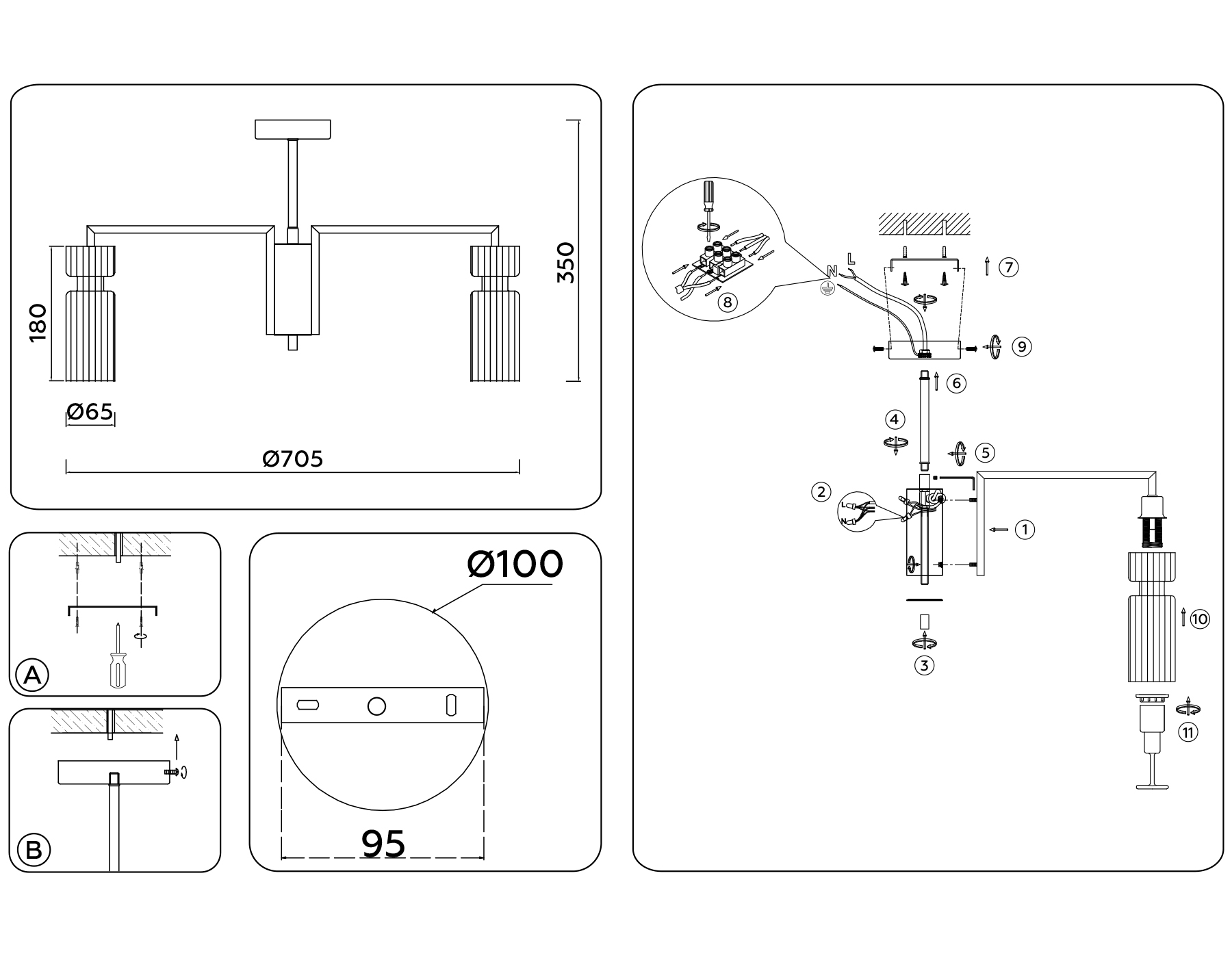 LH56115/7 BK/BS/CL черный/латунь/прозрачный E14*7 max 40W D705*350