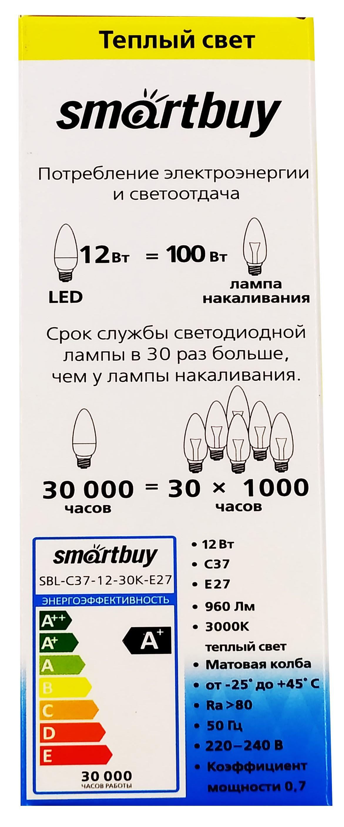 Светодиодная (LED) Лампа Smartbuy-C37-12W/3000 (SBL-C37-12-30K-E27)